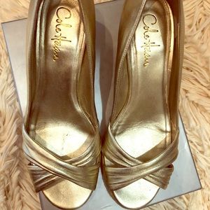 Cole Haan-Gold open toe wedges